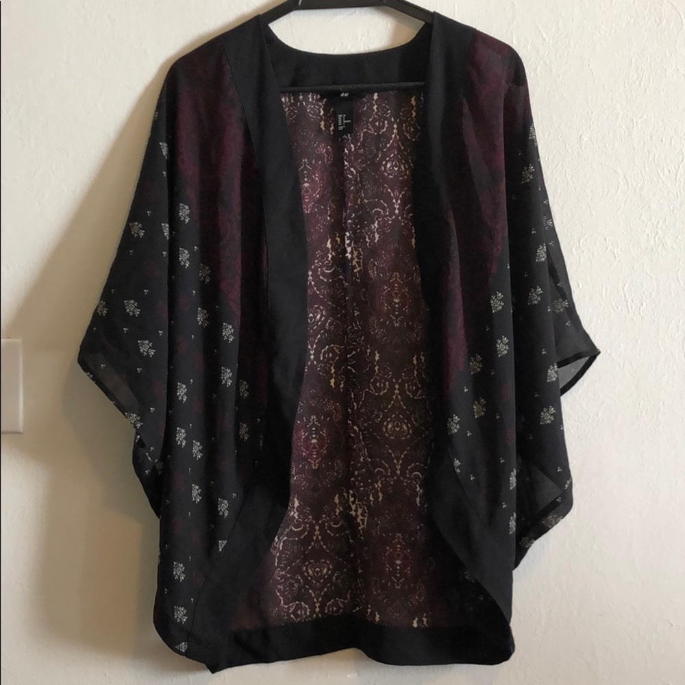 H&M Black and Deep Burgundy Floral Sheer Kimono